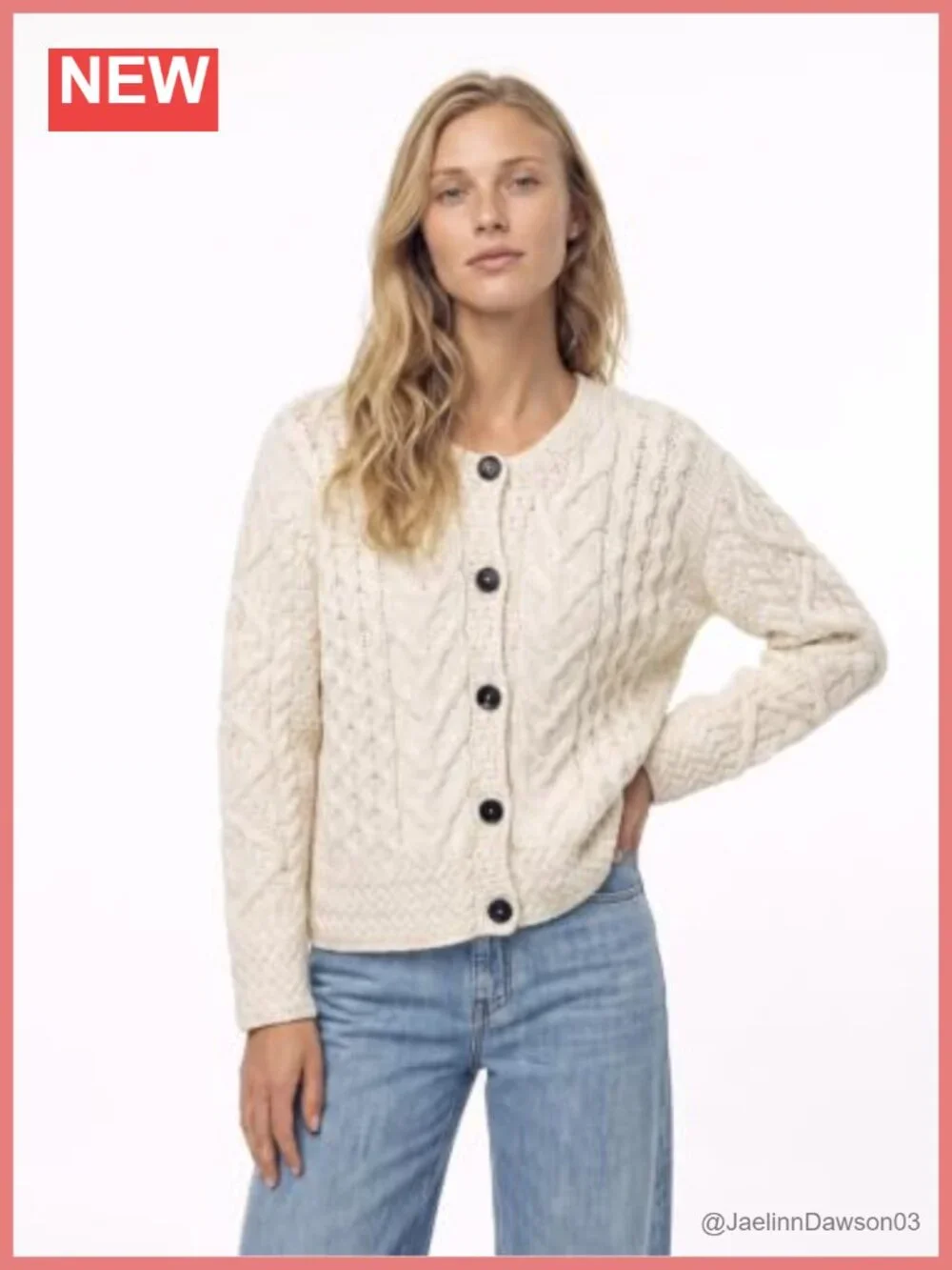 Irish Cable Knit Merino Wool Cardigan Button Front Rounded Collar